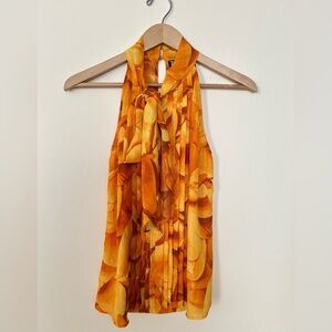 7th Avenue NY&C Womens Pintuck Top Small Yellow Floral Tie Neck Pleated Sheer